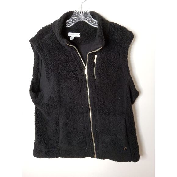 CALVIN KLEIN Women's XL Faux Sherpa Vest Solid Black Pockets Zip Front Fleece - Picture 1 of 9